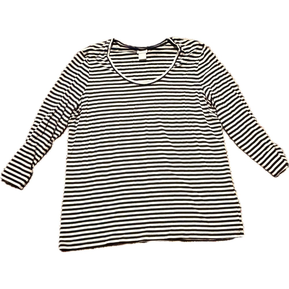 Chicos Women Size 2 Large black White Striped Scoop Neck Long Sleeve Top